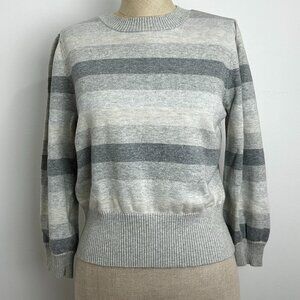Michael Stars Sweater Striped Grey & White Crewneck Puff Sleeves 100% Cotton